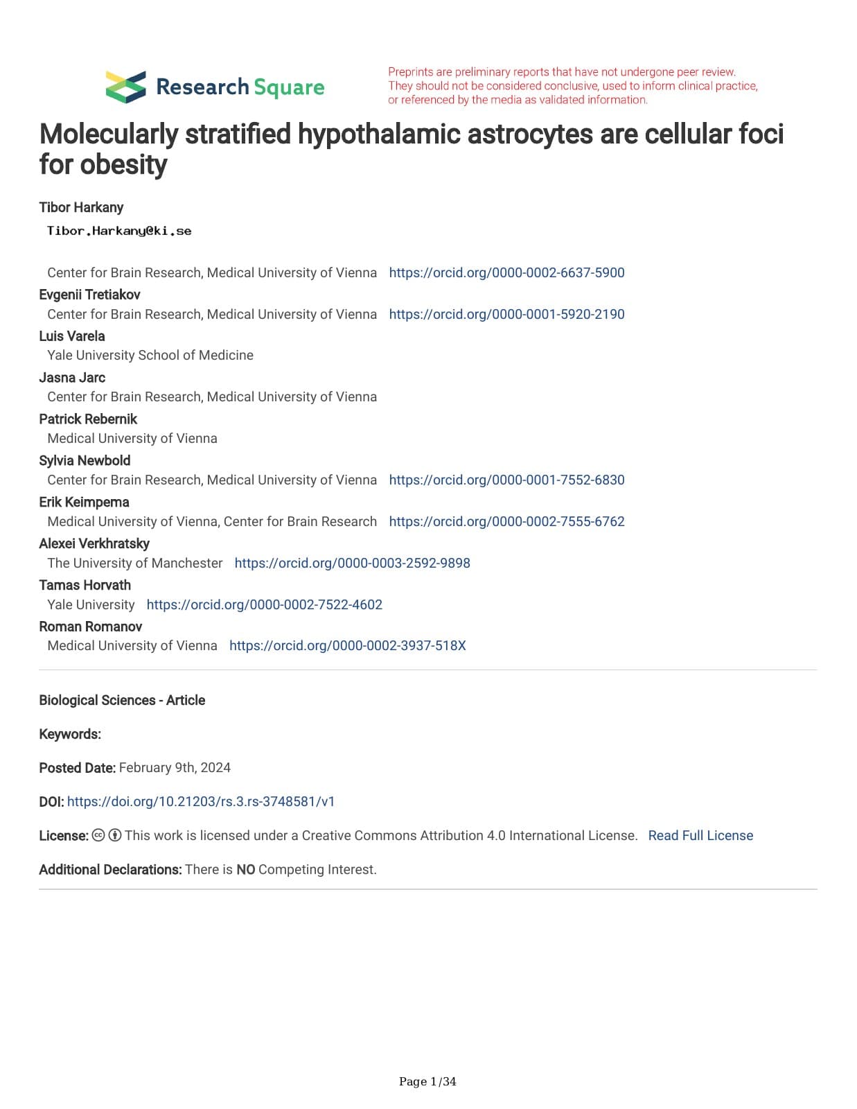 First page of Molecularly stratified hypothalamic astrocytes are cellular foci for obesity, listing Jasna Jarc among the authors.
