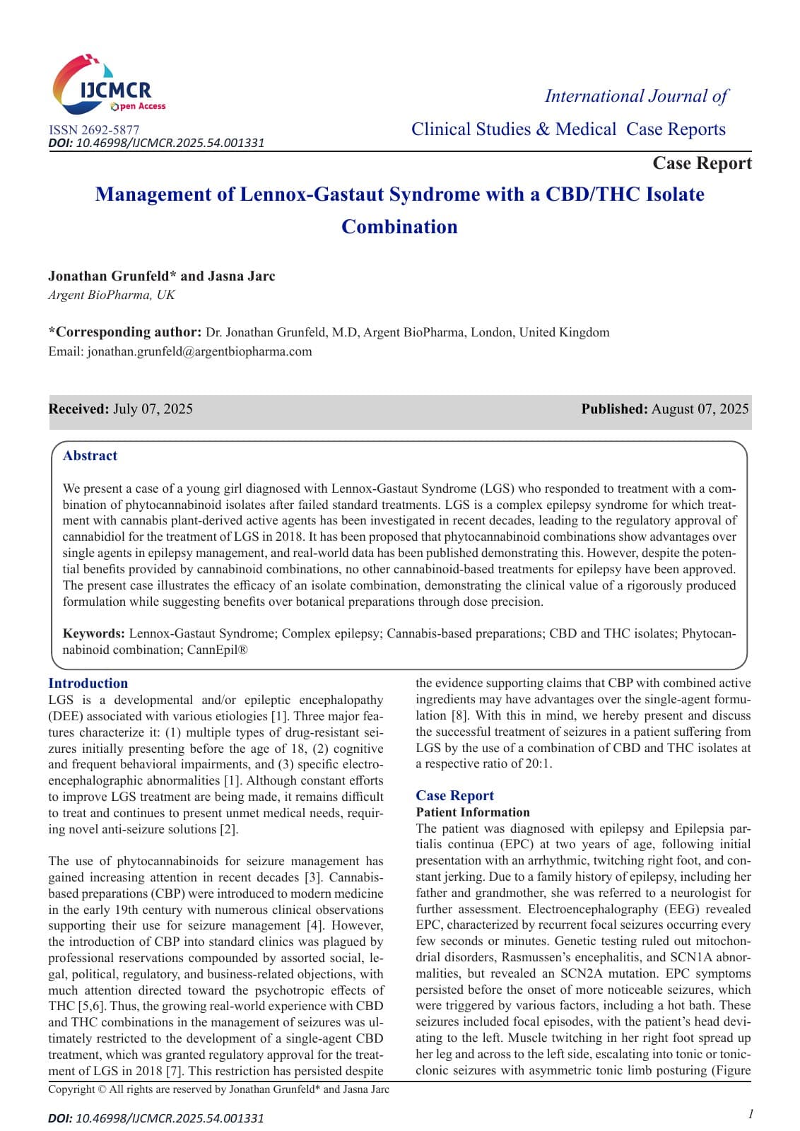 First page of the case report Management of Lennox-Gastaut Syndrome with a CBD/THC Isolate Combination, by Jonathan Grunfeld and Jasna Jarc, published in the International Journal of Clinical Studies & Medical Case Reports.